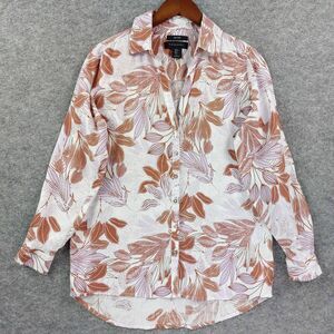 Tahari Shirt Womens Small Linen Button Up Long Sleeve Floral Leaf Top Blouse